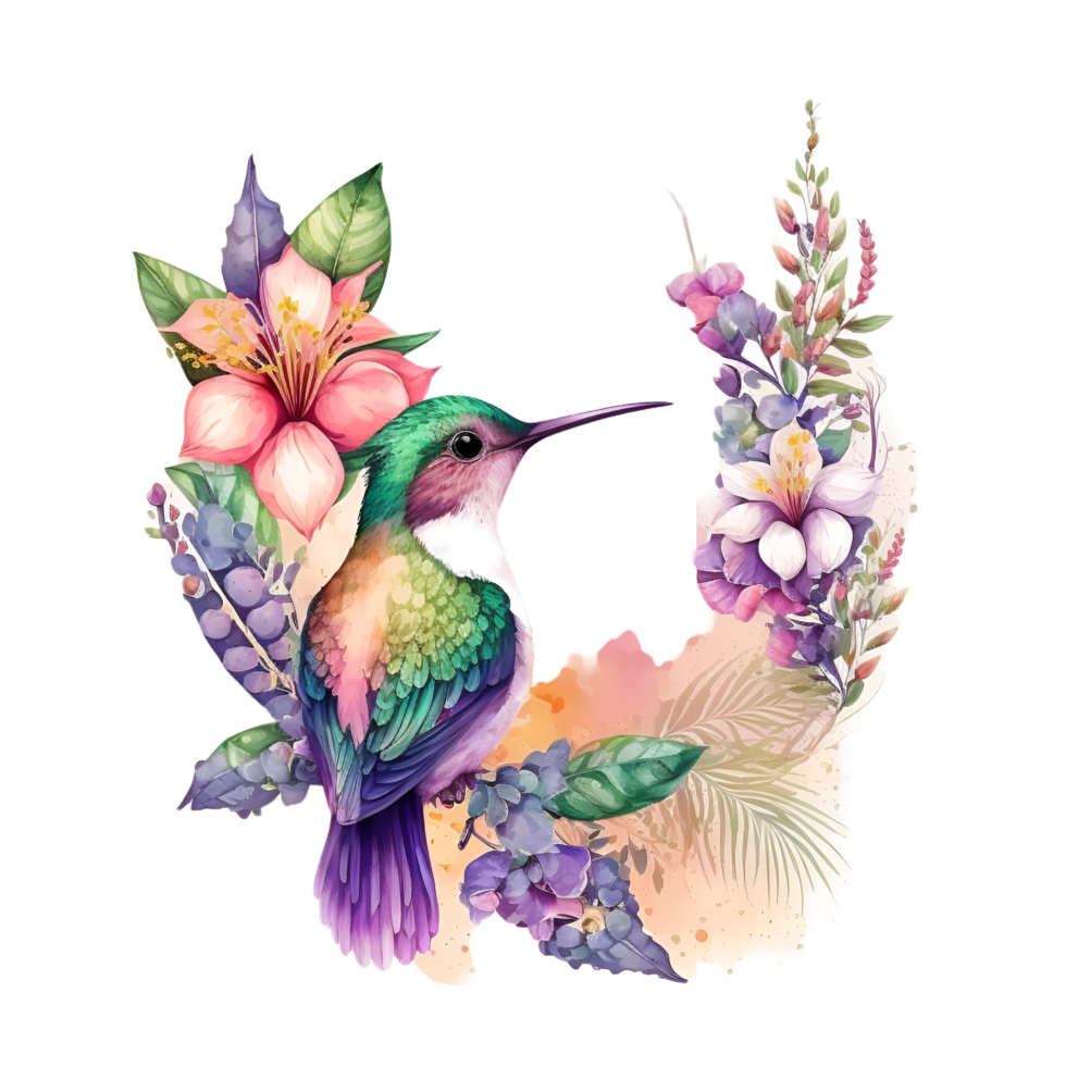 Hummingbird Flowers Watercolor Clipart png