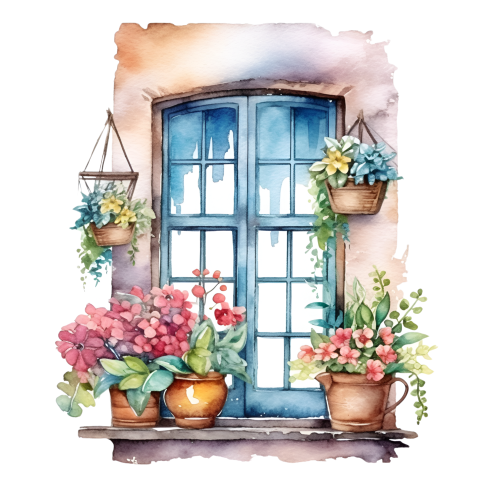 Window Flowers Scenery Watercolor Clipart png