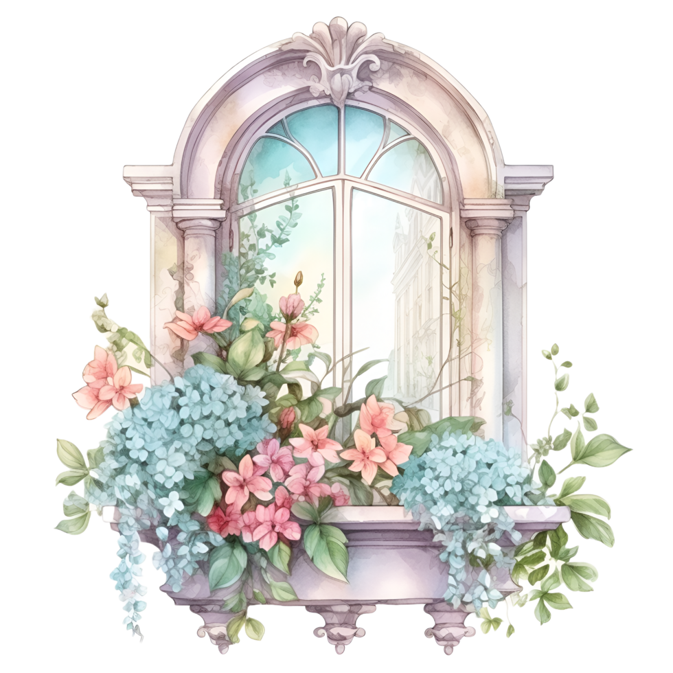 ventana flores paisaje acuarela clipart ai generado png