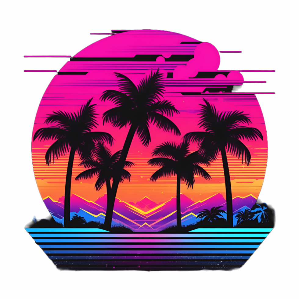 retrowave 80s solnedgång logotyp ClipArt ai genererad png