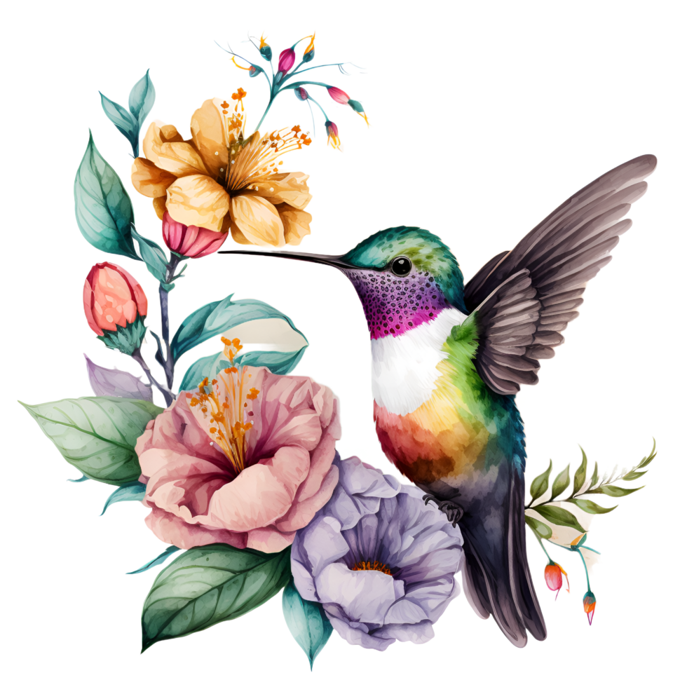 Hummingbird Flowers Watercolor Clipart png