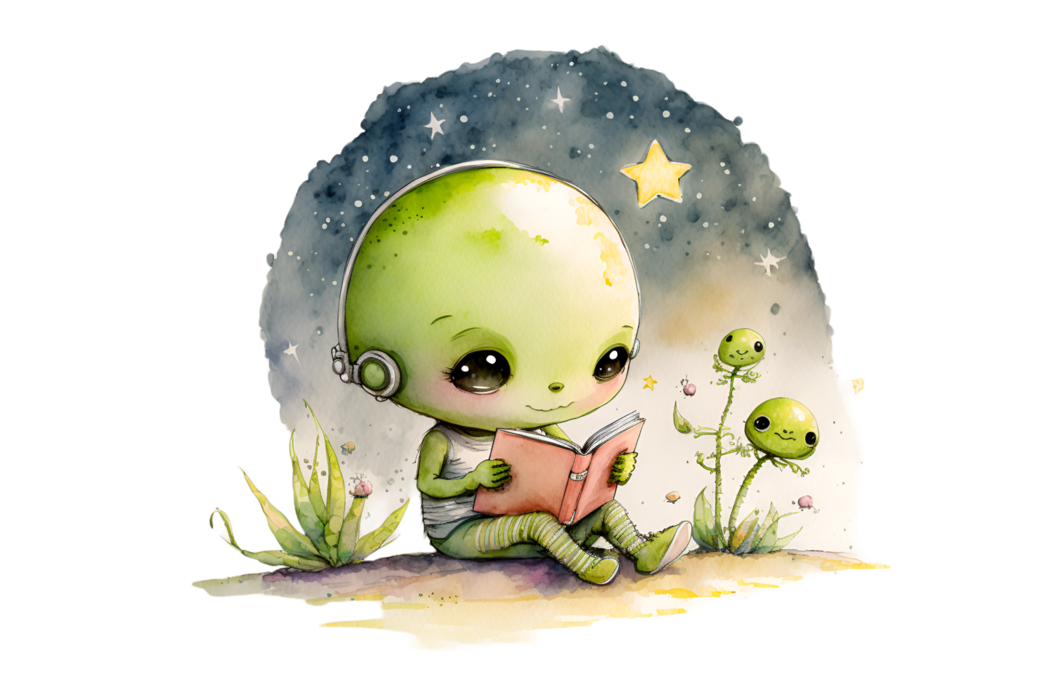 mignonne bébé extraterrestre en train de lire livre aquarelle science fiction clipart ai généré png