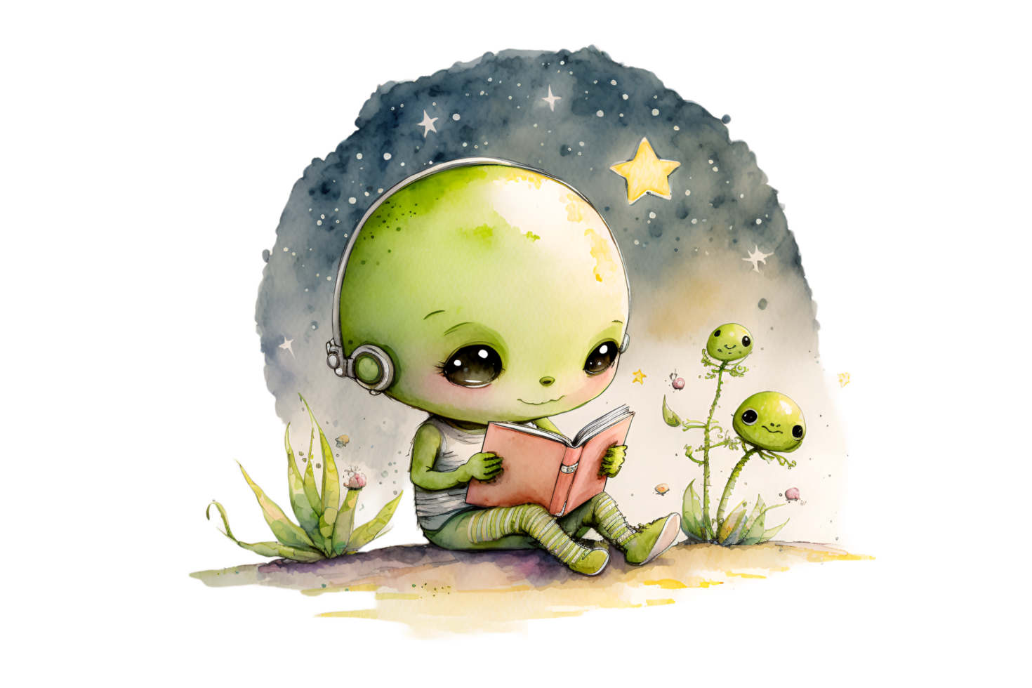 Cute Baby Alien Reading Book Watercolor Science Fiction Clipart