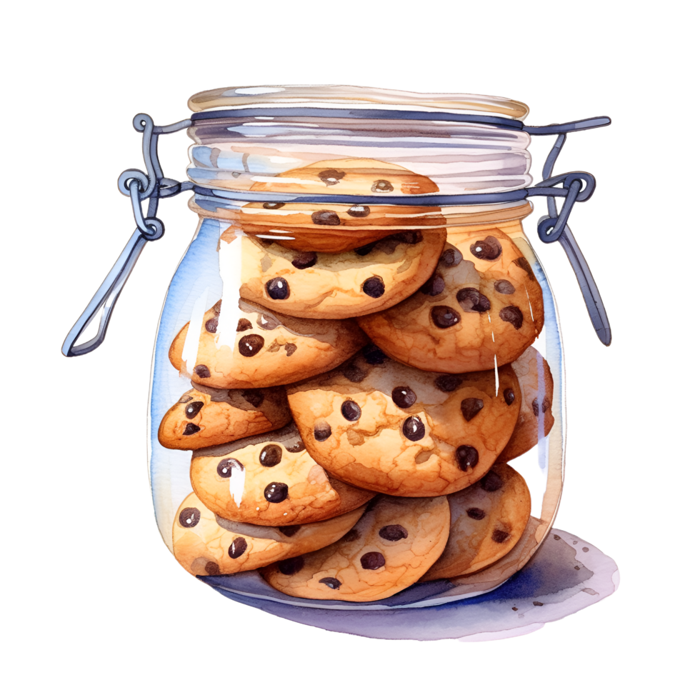 chocolate chip galletas en tarro acuarela clipart ai generado png