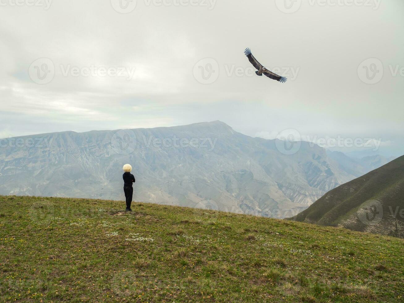 A horseman in a white cap and a flying eagle on the background of high mountains photo