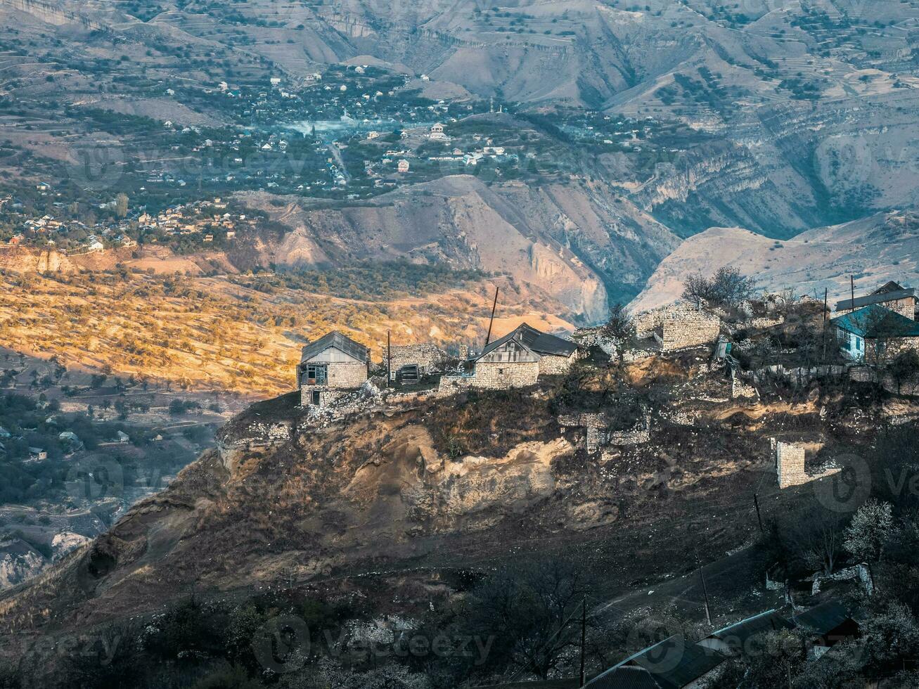 Morning city on the rock. Authentic Dagestani mountain village. Matlas Gorge. Dagestan. photo