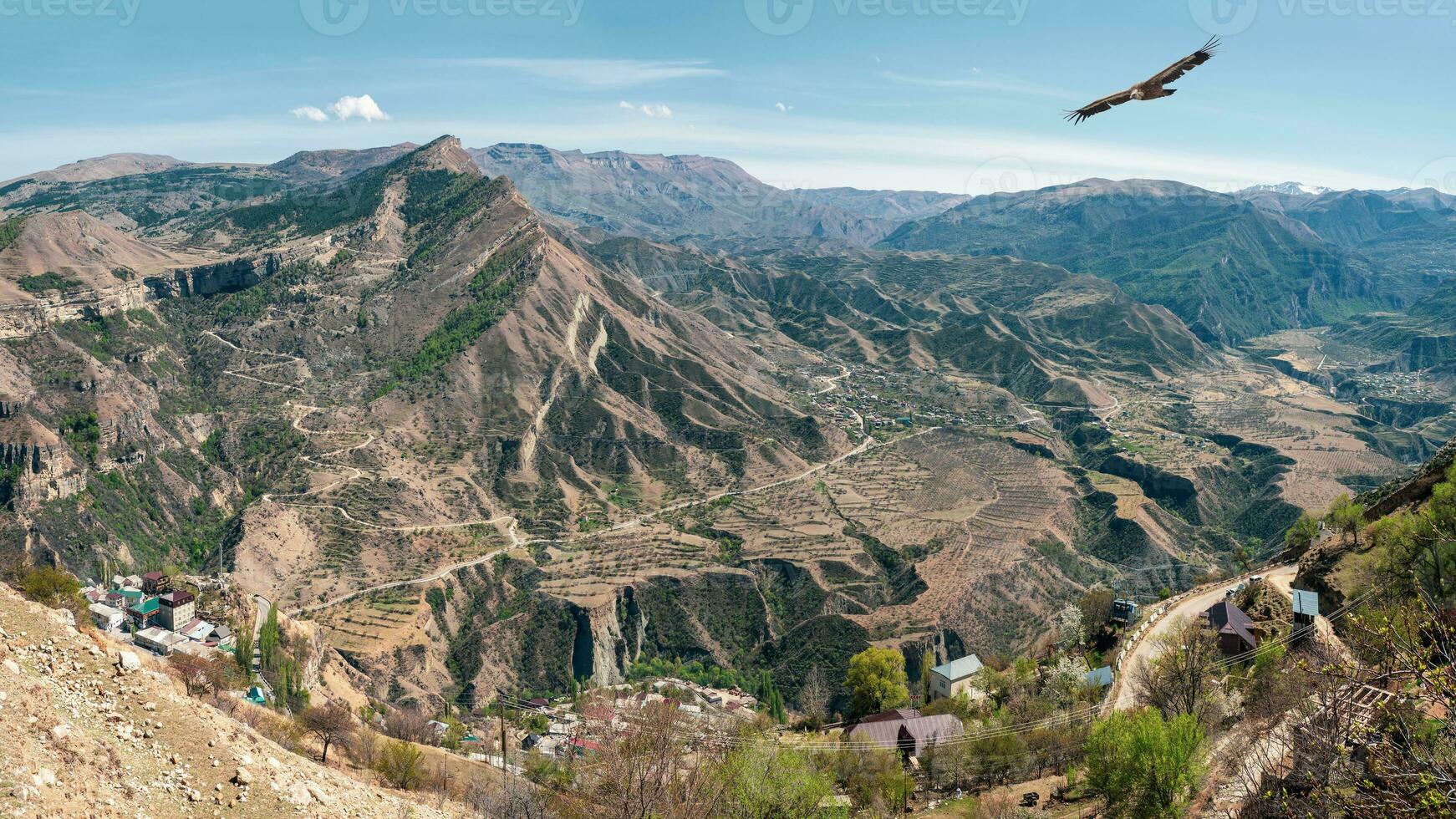 Keger plateau and a view of the village of Gunib in the lowlands. photo