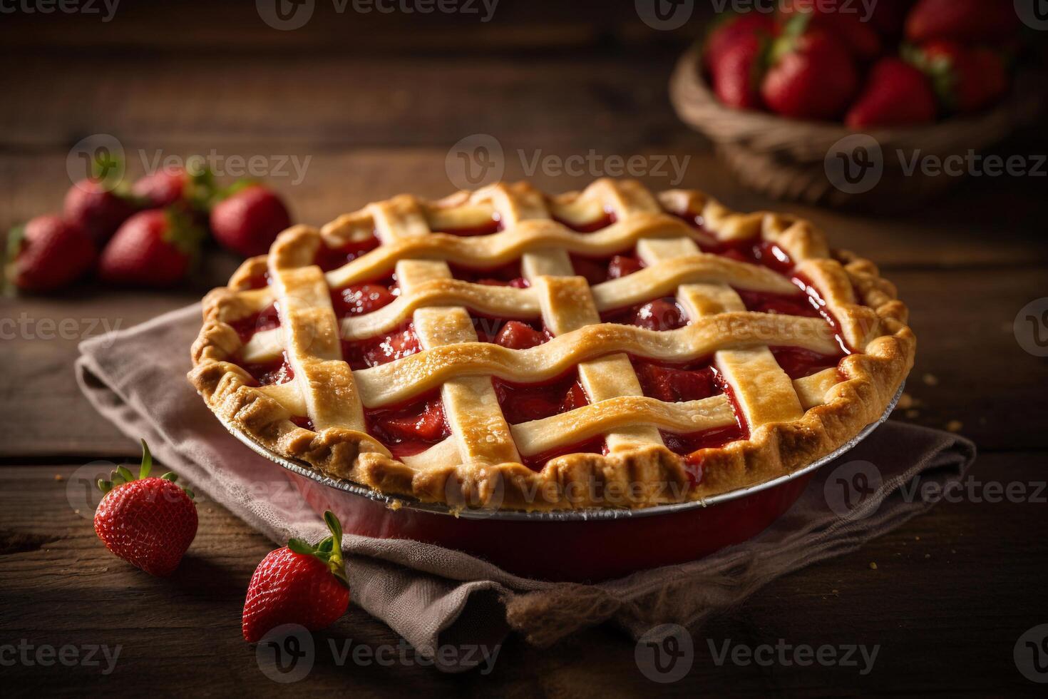 Delicious strawberry pie on the table ai generate photo