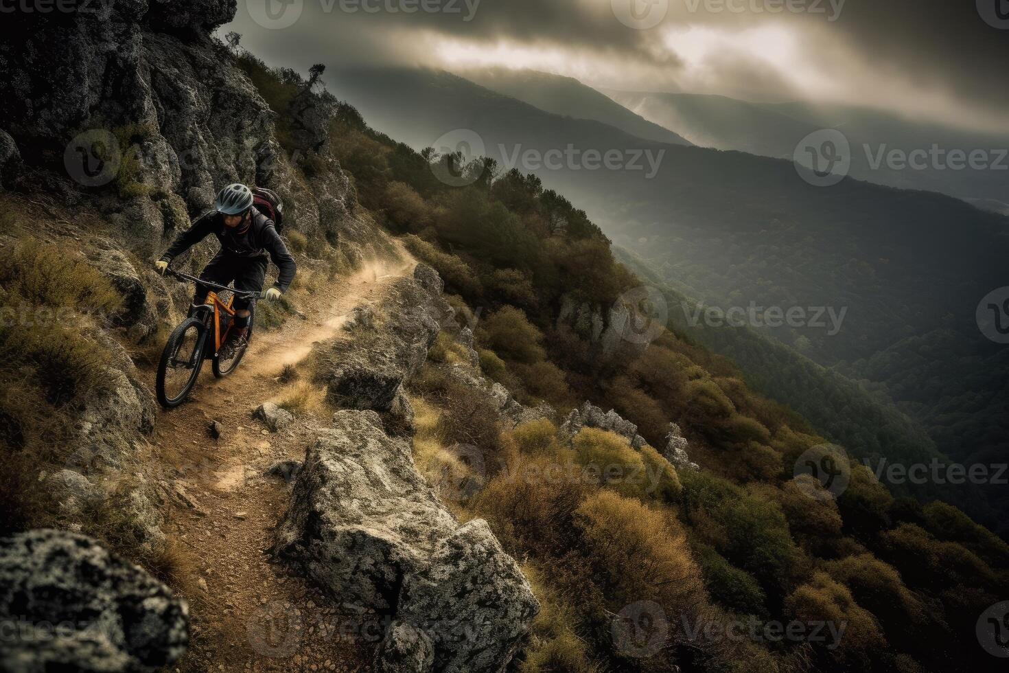 Portrait bicycle down the hills in the forest photo