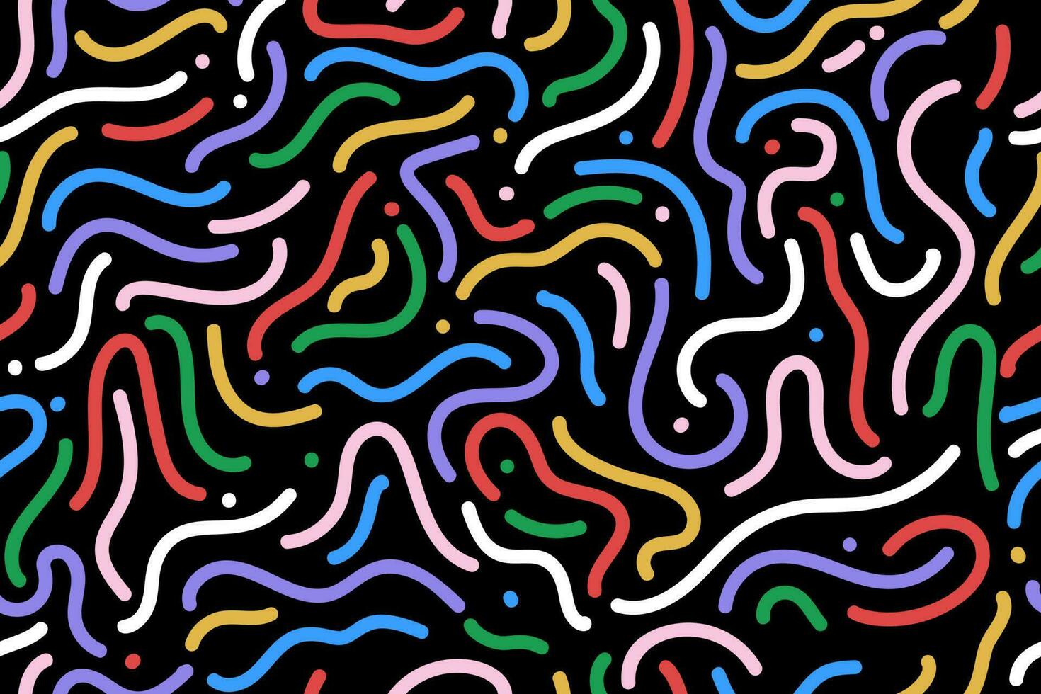 Abstract retro 80's - 90's memphis seamless pattern with colorful curved lines on black background. Vector illustration.