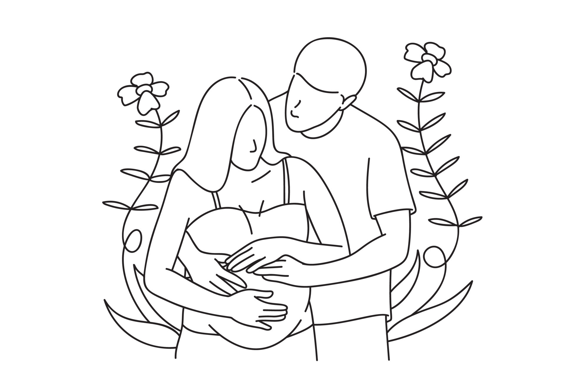 Continuous line art drawing of pregnant woman and her husband hugging each other 23829810 Vector Art at Vecteezy