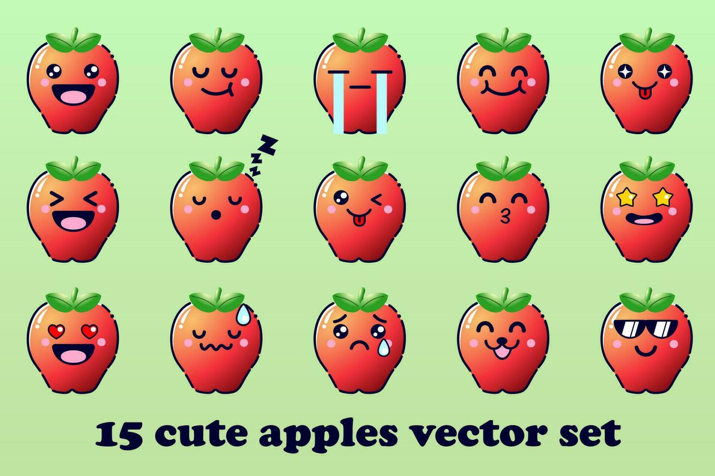 Cute Cartoon Apple Fruit with Kawaii Faces and Chibi Style Emoticon Vector Set