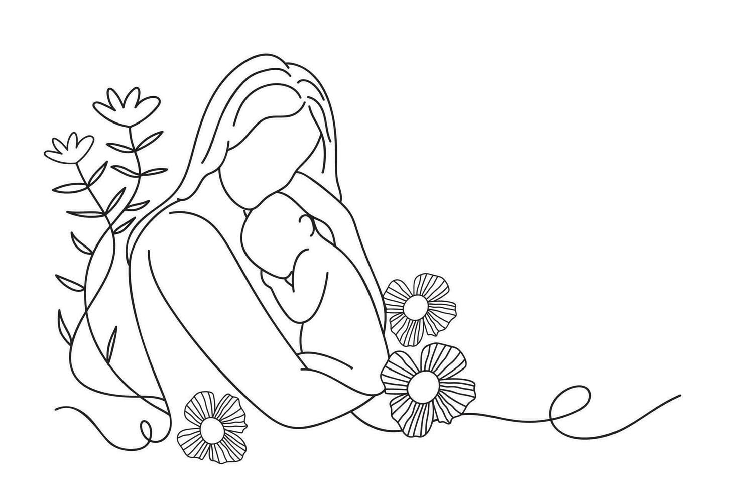 Continuous line drawing of mother embrace her baby. Motherhood concept Mothers and baby line art style of vector illustration, Mother's Day Maternity Celebration