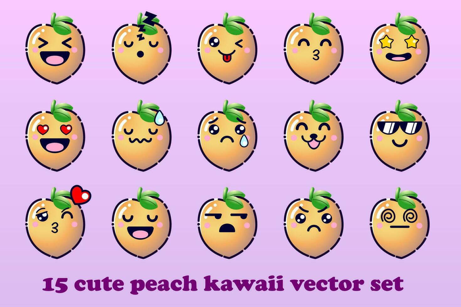 Cute Cartoon Peaches Fruit with Kawaii Faces and Chibi Style Emoticon Vector Set