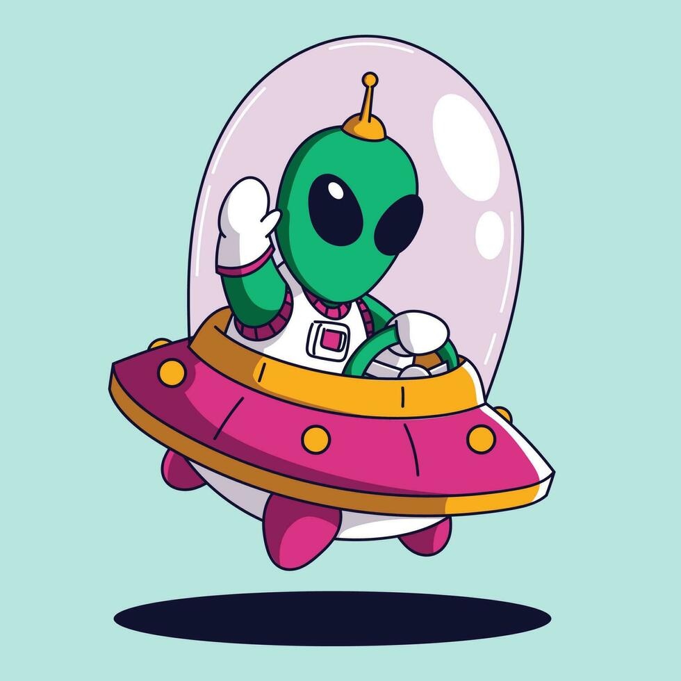 Cute Cartoon alien flying in a UFO spaceship. Cute cartoon vector illustration.