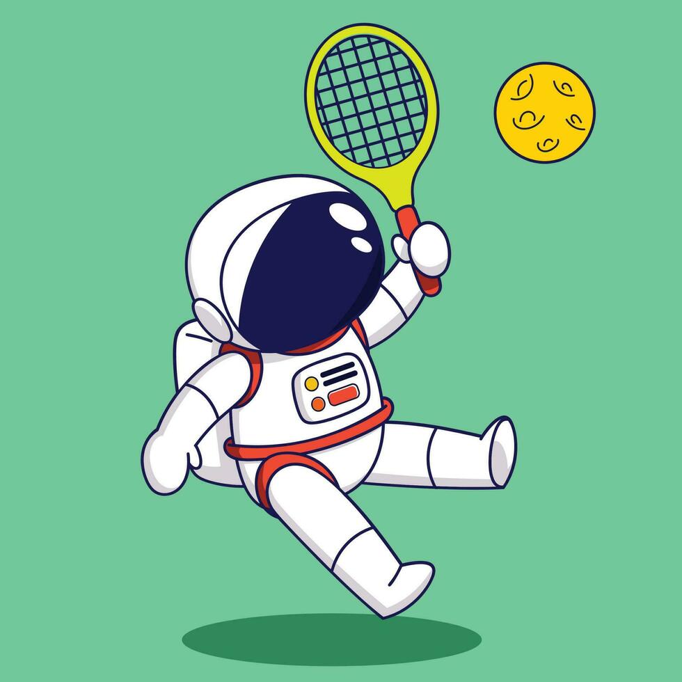 linda dibujos animados astronauta jugando tenis con raqueta y pelota. vector ilustración.