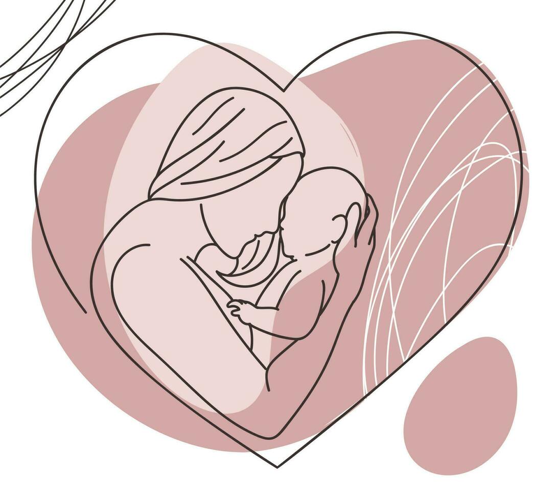 Mother and baby in love. Continuous line drawing. Vector illustration.