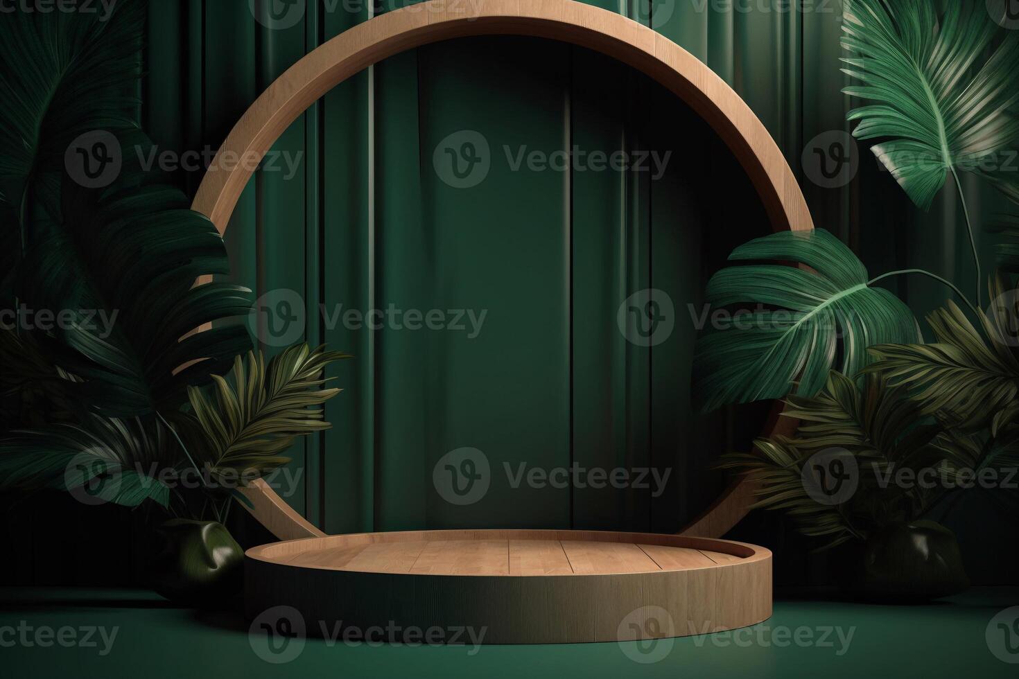 Wooden podium with tropicals leaf ai generate photo