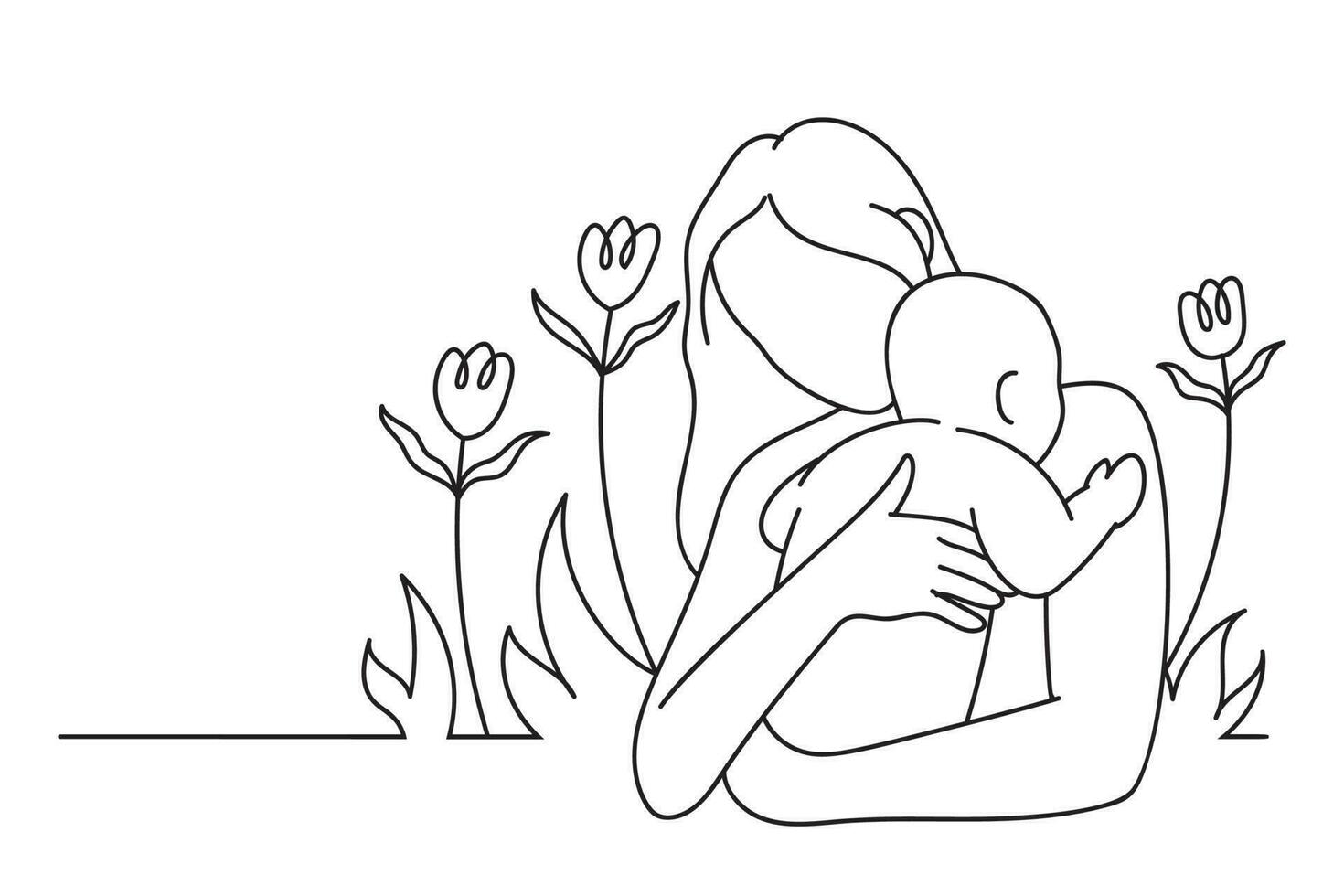 Mother holding baby in her arms. Continuous line drawing. Mothers line art style of vector and illustration, Mother's Day Celebration and Maternity.