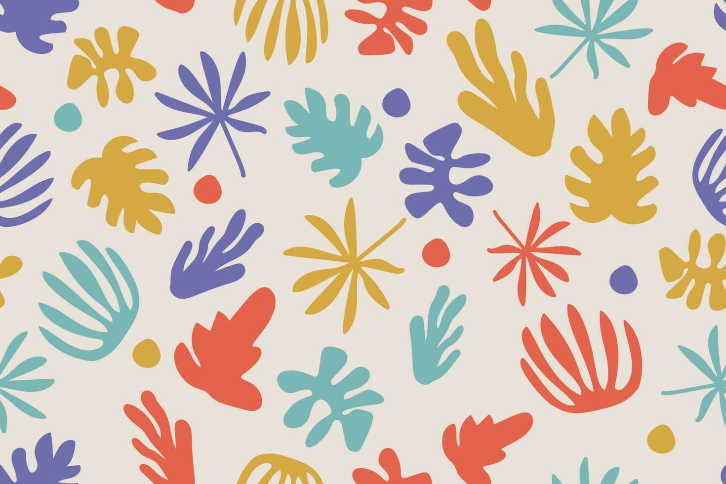 Abstract seamless pattern with hand drawn tropical leaves and organic shapes. Colorful vector background.