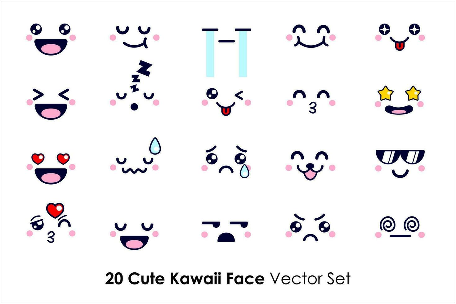 linda dibujos animados de kawaii cara expresiones con chibi estilo vector conjunto