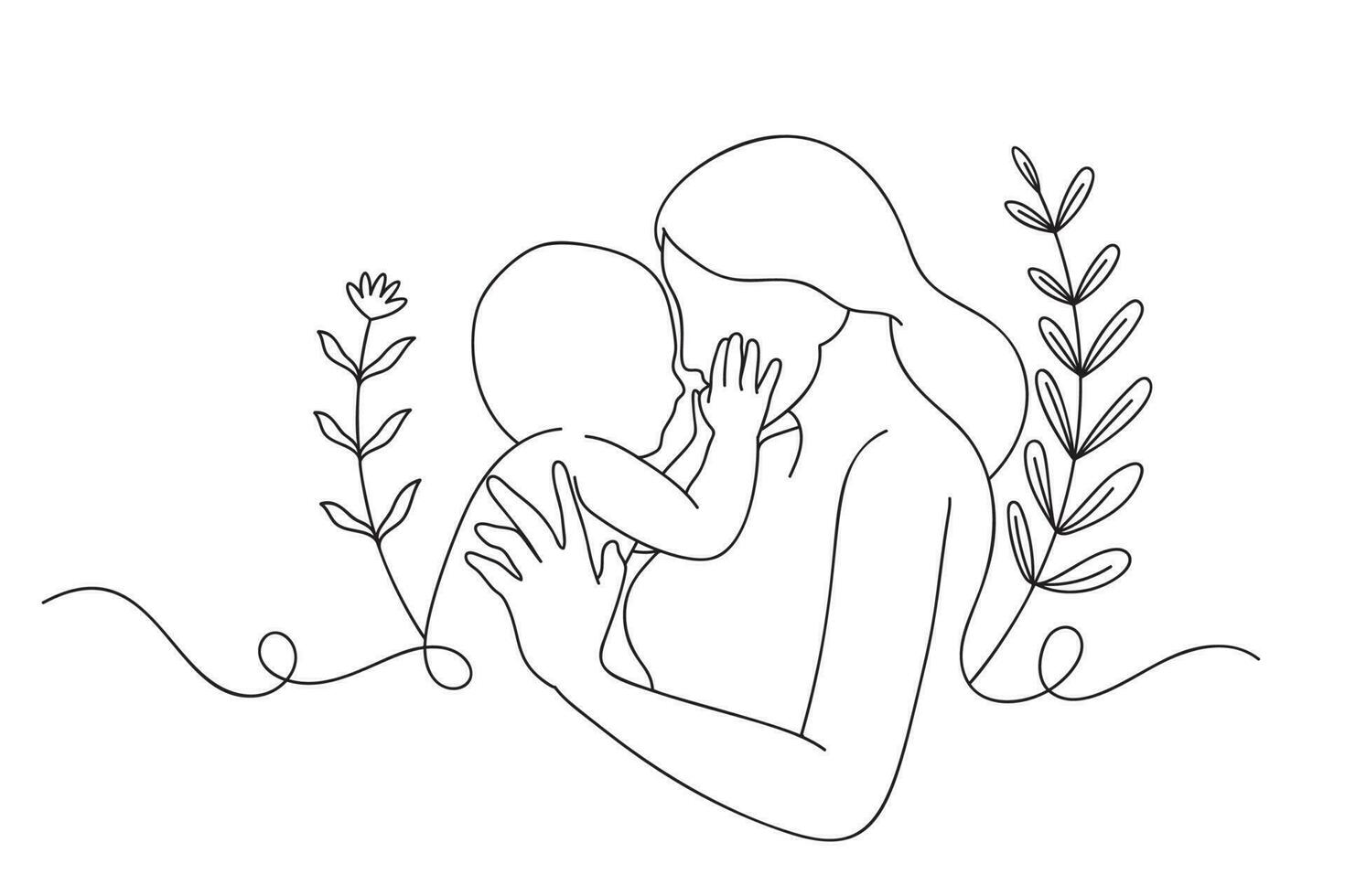 Continuous one line drawing of mother holding her baby. Mothers and baby line art style of vector illustration, Mother's Day Celebration.