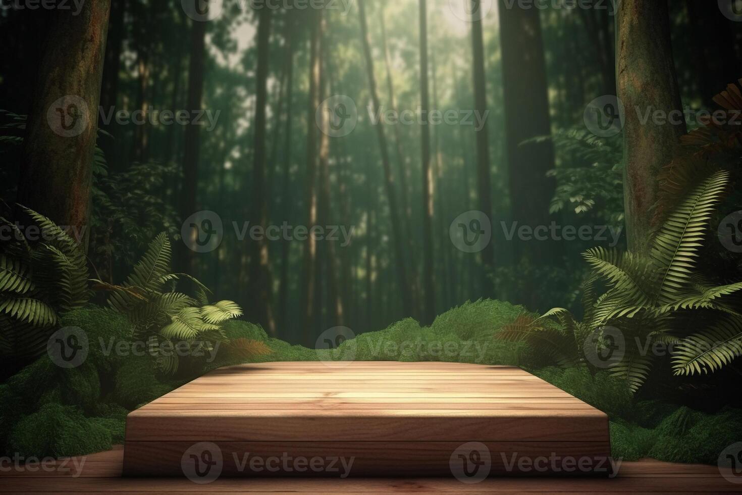 Wooden podium on the jungle ai generate photo
