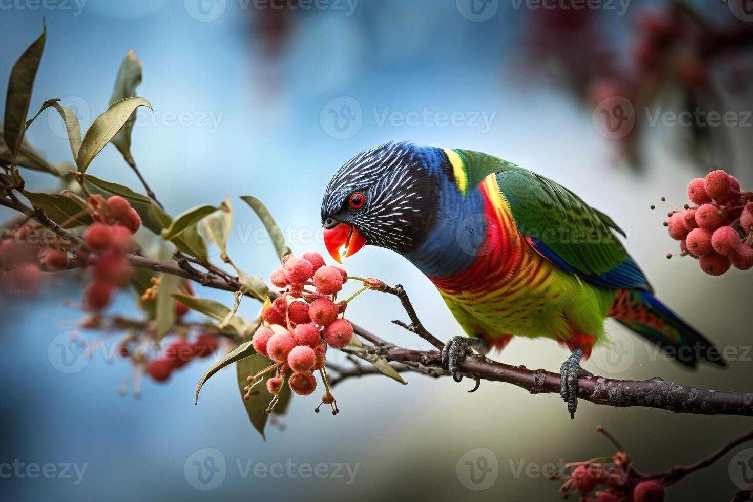 Rainbow lorikeet on a tree branch ai generate photo
