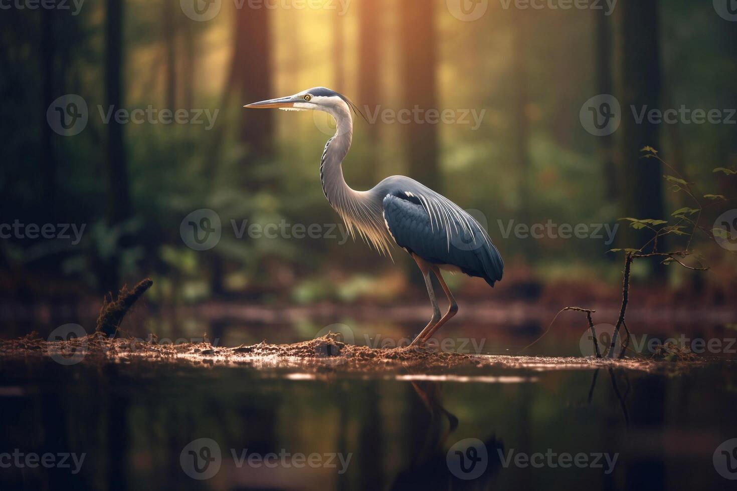 heron near the lake in the forest ai generate photo
