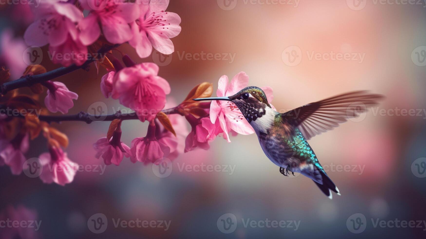 Portrait hummingbird with flower ai generate photo