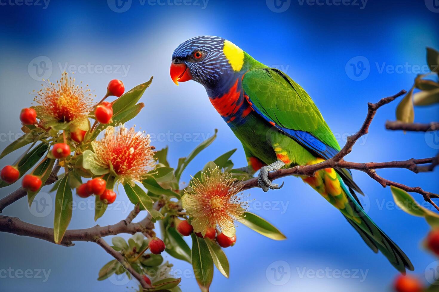Rainbow lorikeet on a tree branch ai generate photo