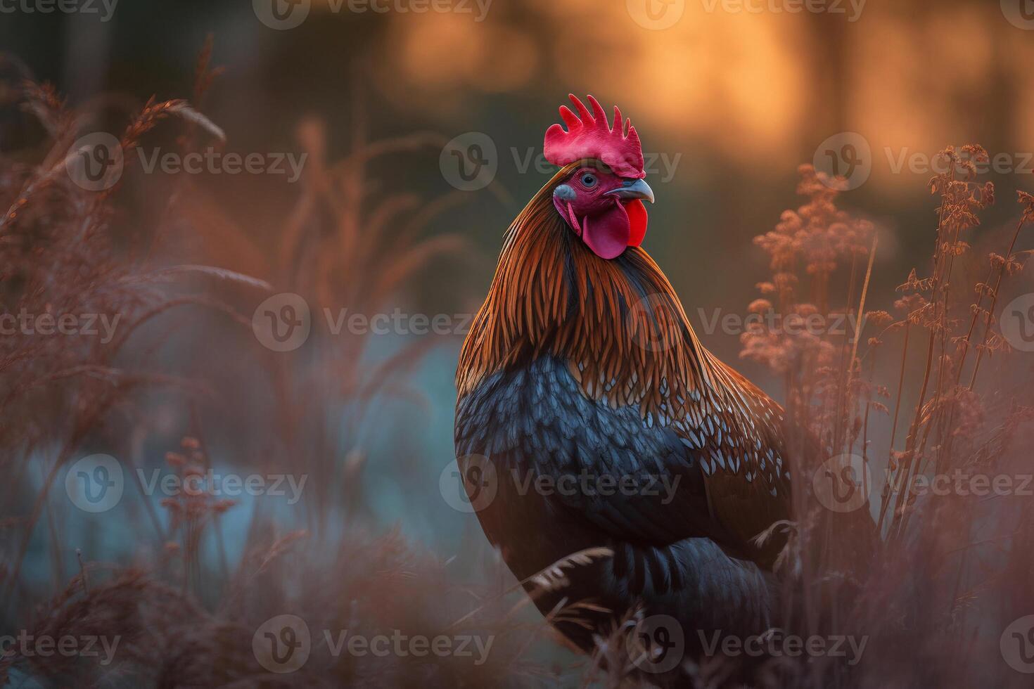 Rooster in the meadow ai generate photo