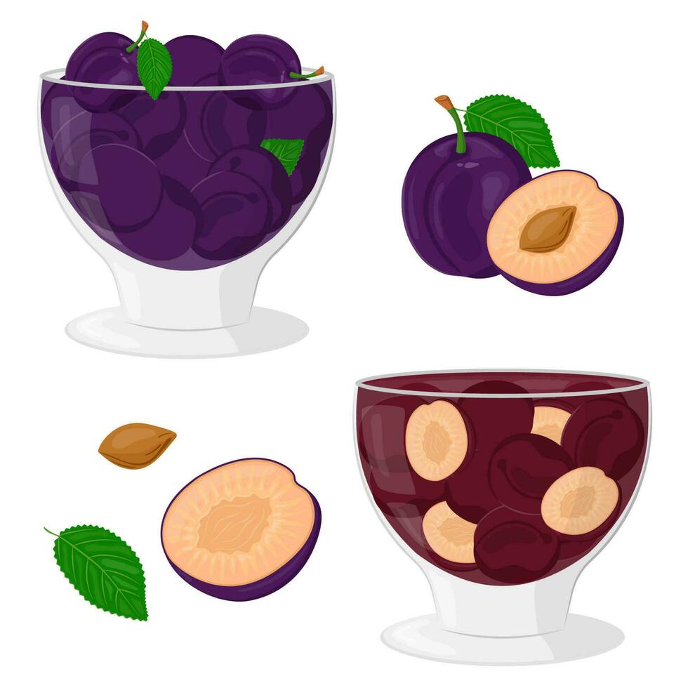 Plums with green leaves in a glass container. Homemade jam or jelly in a glass bowl. The concept of healthy eating. Ripe berries. Fruit picking. Vector illustration in a flat style.
