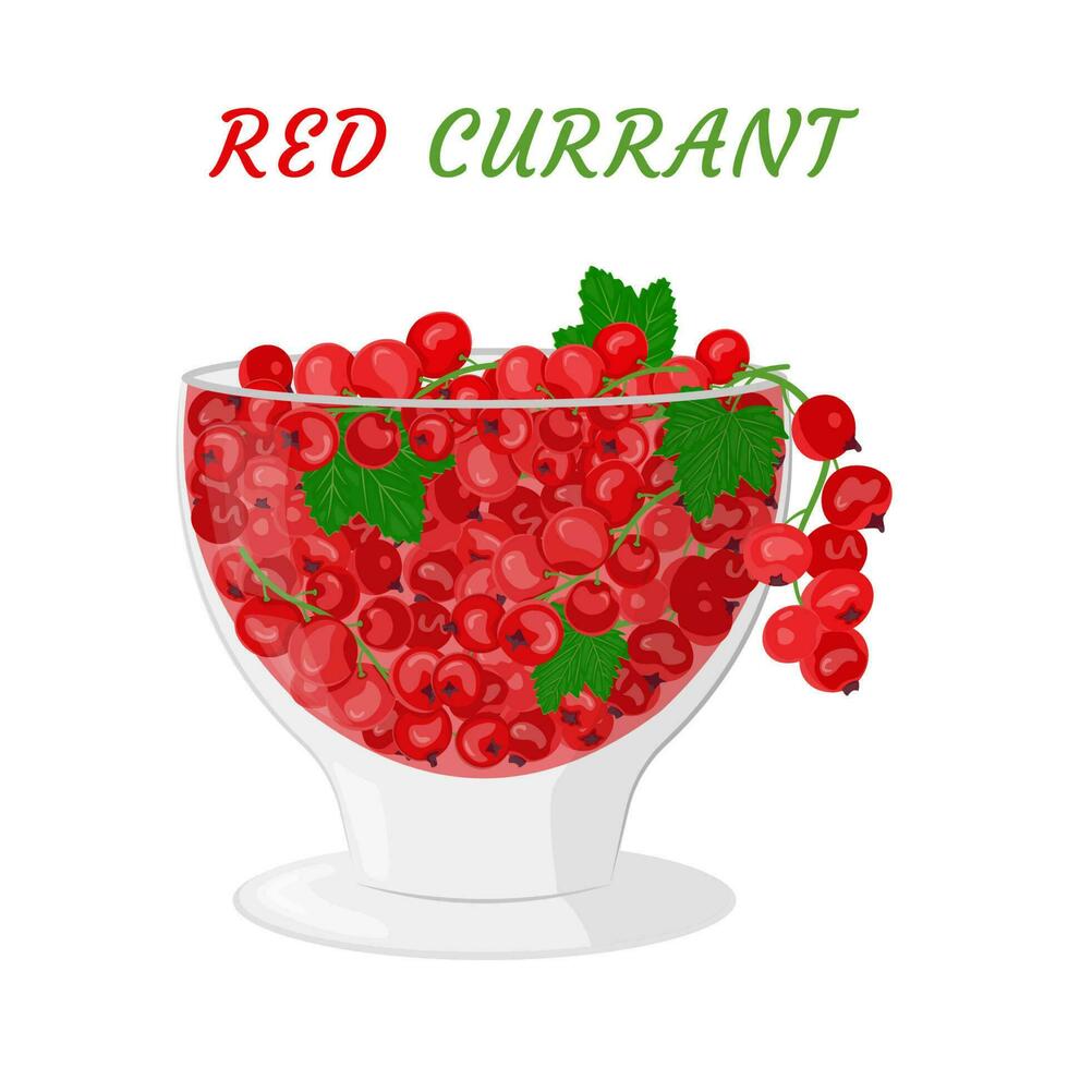 Red currant berries with green leaves in a glass container.The concept of healthy eating. Ripe berries. Fruit picking. Vector illustration in a flat style.