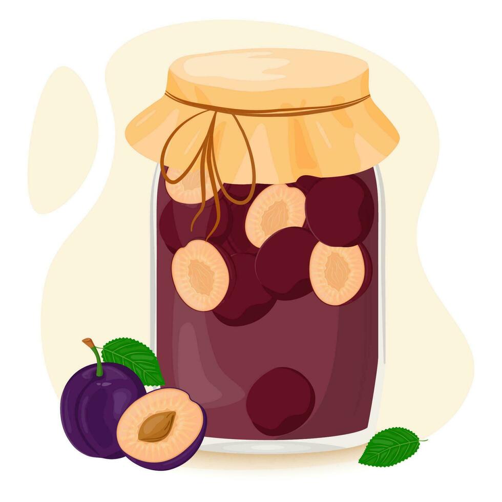 Plum compote, jam or jelly in a glass jar. Canned fruit. Berries for a healthy summer drink. Conservation for future use. Vector illustration for the menu, packaging design in a flat style.