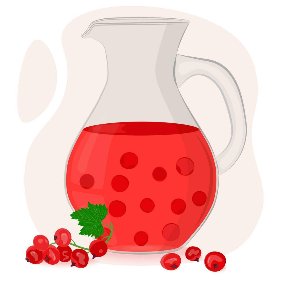 Red currant compote in a glass decanter. Drinking from homemade fruits. Berries for a healthy summer drink. Vector illustration in a flat style.