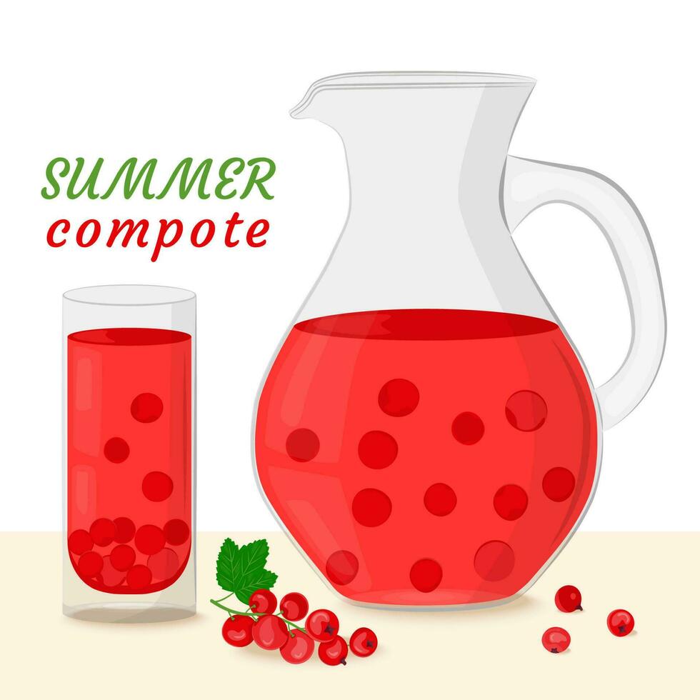Red currant compote in a glass decanter and glass. Drinking from homemade fruits. Berries for a healthy summer drink. Vector illustration in a flat style.