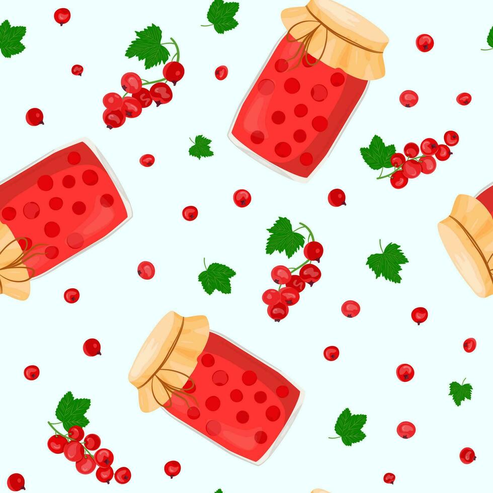 Seamless pattern of red currants, green leaves and jam jars. Ripe berries. Fruit picking. Conservation for future use. Vector illustration in a flat style for the design of menus, recipes.