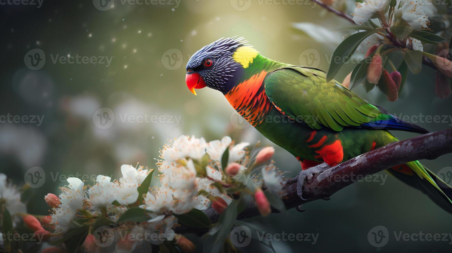 Rainbow lorikeet on a tree branch ai generate photo