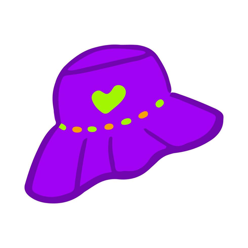 dibujado a mano elegante púrpura Cubeta sombrero ilustración. sombrero con corazón parche en garabatear estilo vector