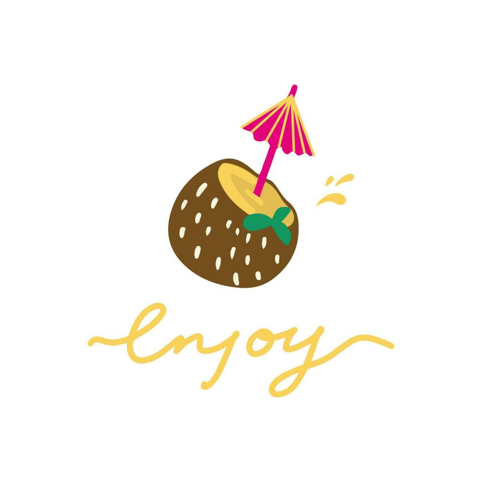 Hand drawn template with lettering and coconut cocktail with straw, leaf, umbrella on white background. Tropical drink in half of coconut vector flat illustration in cute style for social media