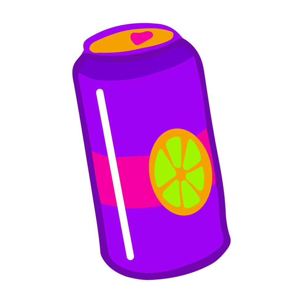 Vivid hand-drawn lemonade can. Purple can with lime slice in doodle style. vector