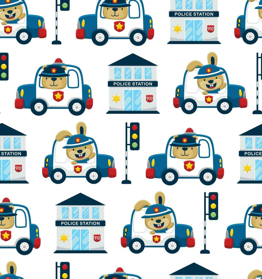 Seamless pattern vector of funny animals driving police car with traffic cop elements cartoon