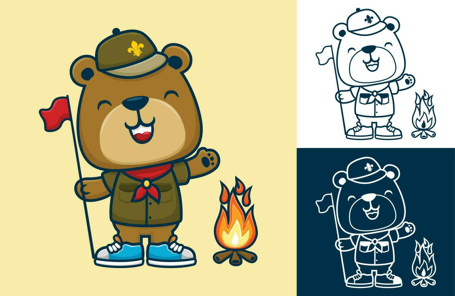 Funny bear in scout uniform holding flag with bonfire. Vector cartoon illustration in flat icon style