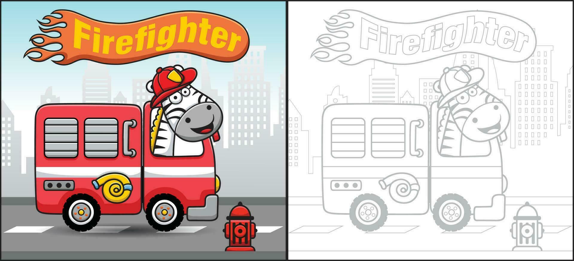 Cartoon of funny zebra in fireman helmet on firetruck on buildings background. Coloring book or page vector