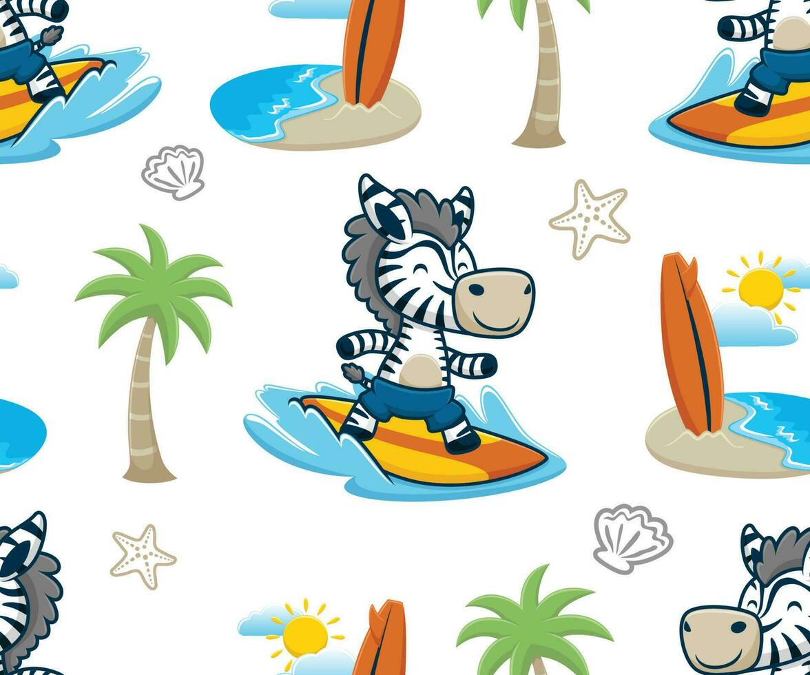 Seamless pattern vector of cartoon zebra surfboarding, summer beach vacation elements