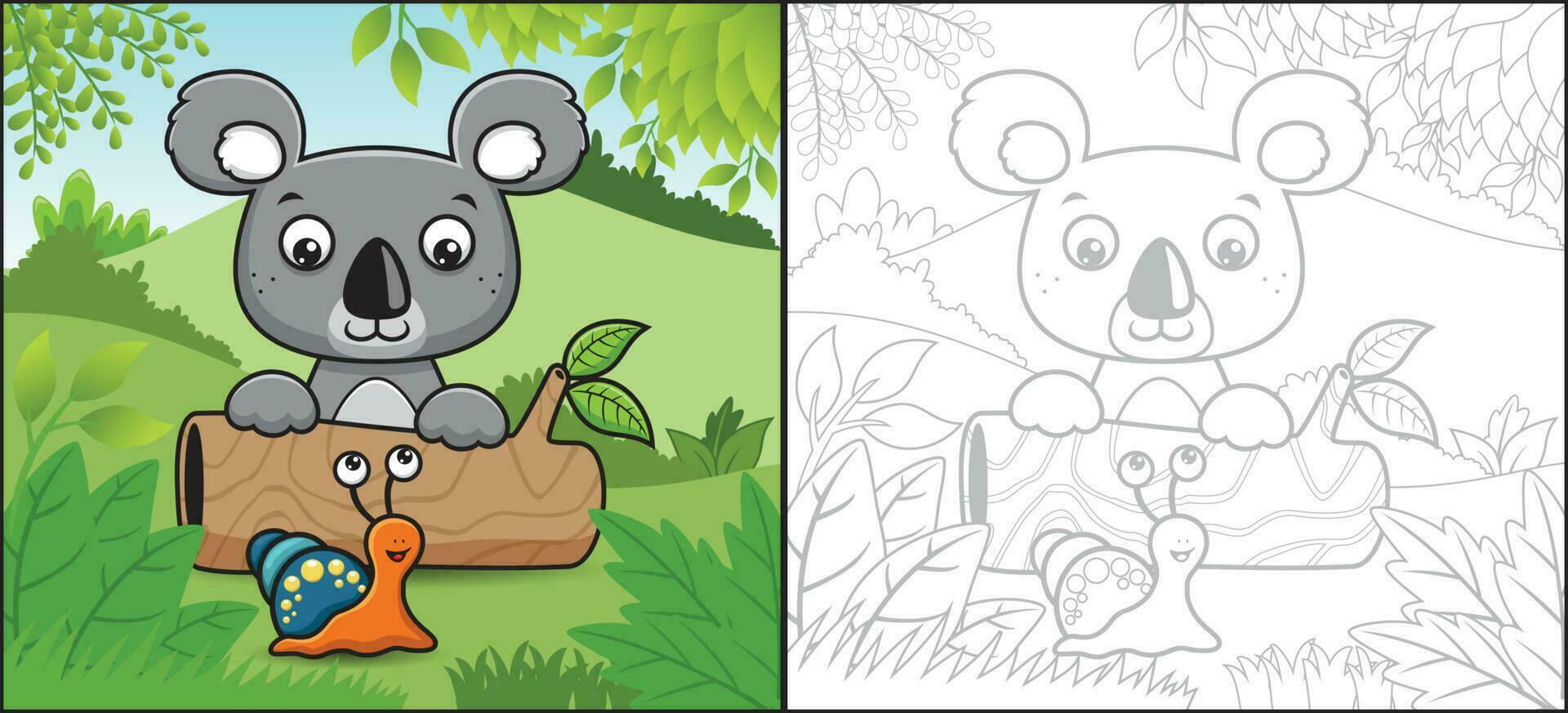 Cartoon of koala in tree trunk with funny snail in forest. Coloring book or page vector
