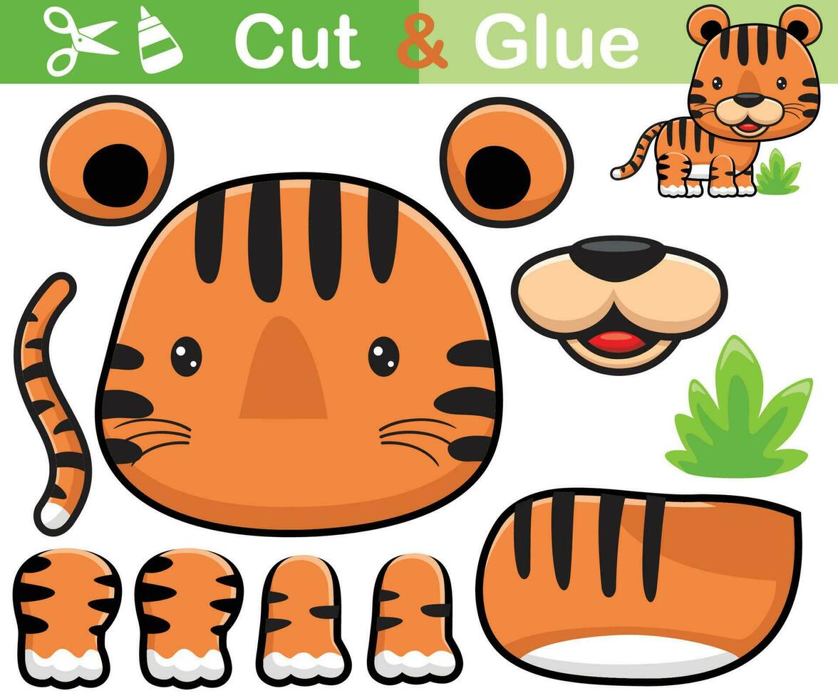 Vector illustration of funny tiger cartoon. Education paper game for children. Cutout and gluing