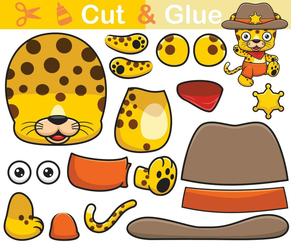 Vector illustration of funny leopard cartoon in cowboy costume. Cutout and gluing