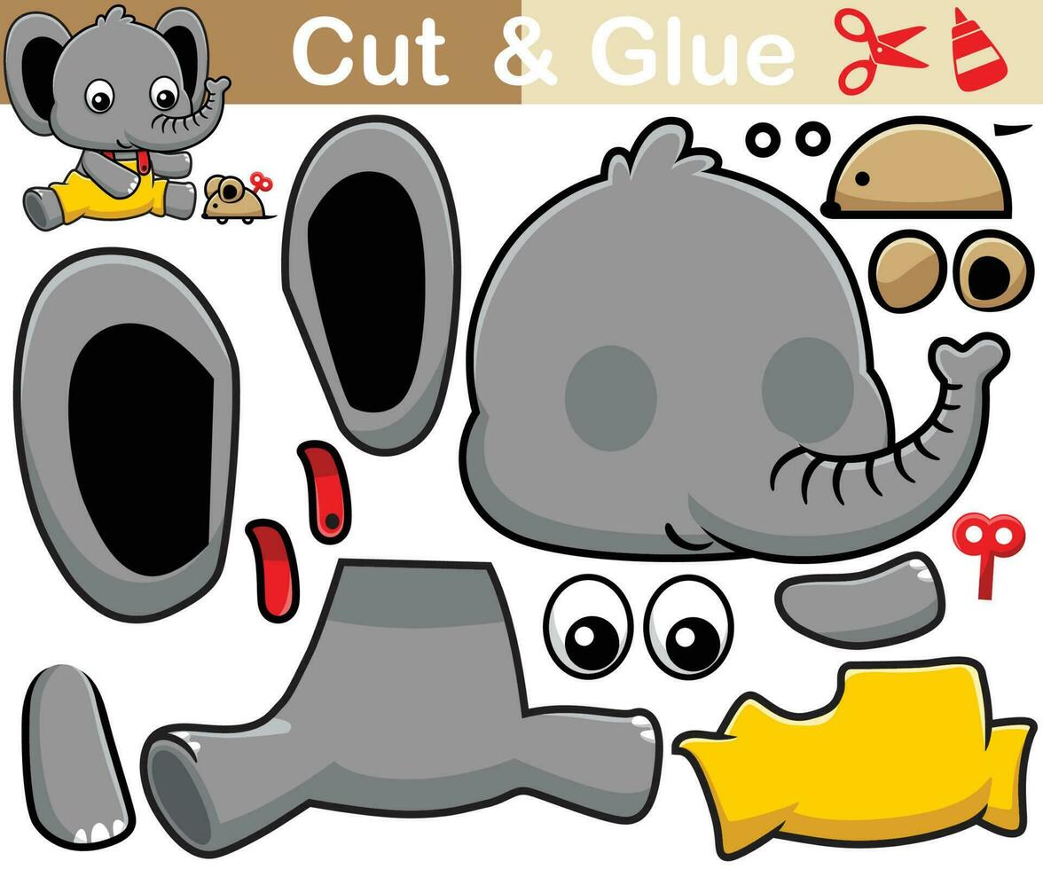 Vector illustration of little elephant cartoon with rat toys. Cutout and gluing.